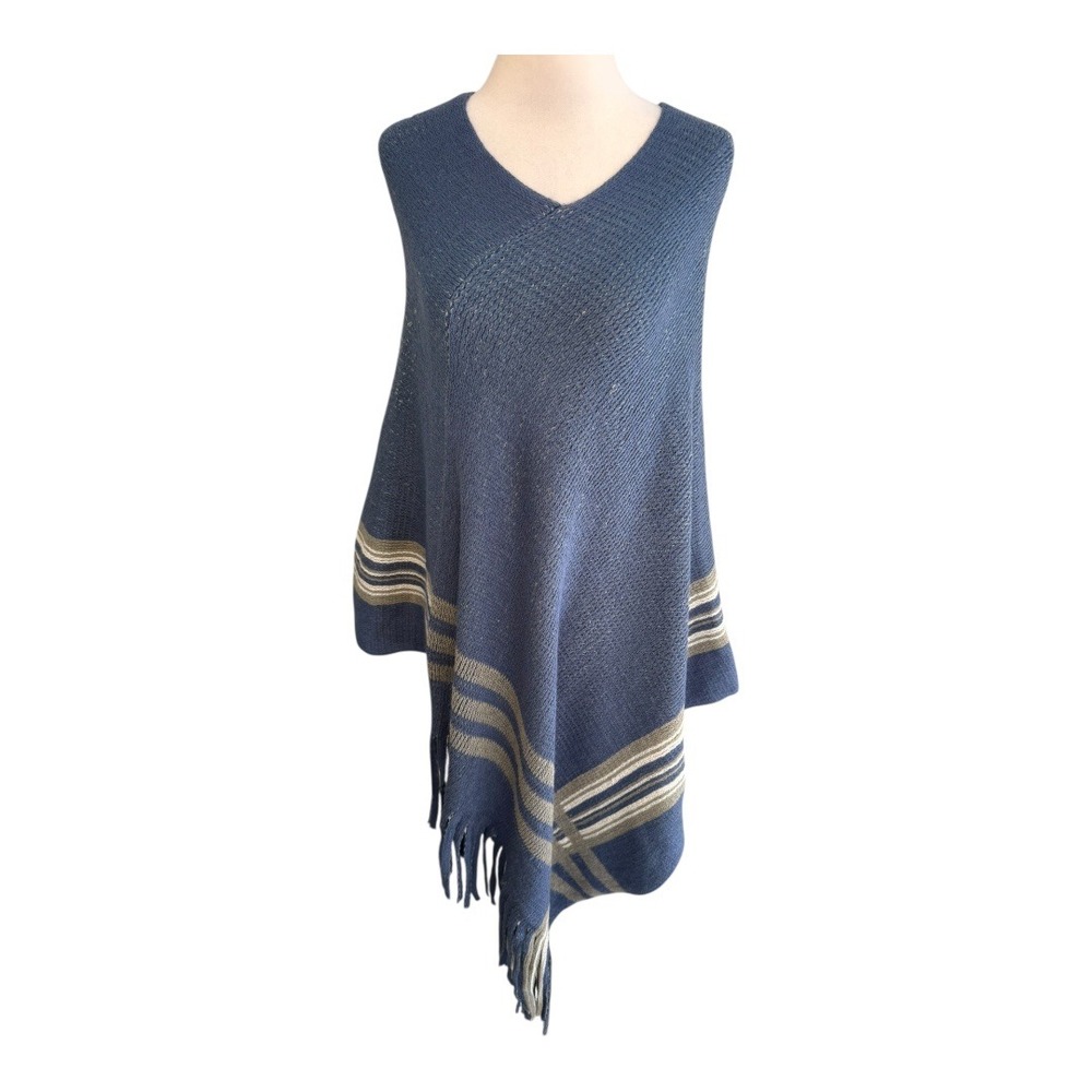 Nordstrom Rack Blue Knit Striped Fringe Poncho Cover Up Stylish One Size